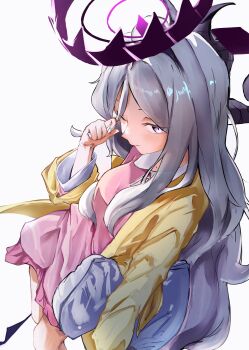 1girl absurdres ahoge black_halo blue_archive breasts demon_girl demon_horns demon_wings halo highres hina_(blue_archive) hina_(pajamas)_(blue_archive) horns jacket long_hair looking_at_viewer low_wings pajamas pillow pink_pajamas polka_dot polka_dot_pajamas purple_eyes simple_background small_breasts solo user_pnae7233 very_long_hair white_background white_hair wings yellow_jacket