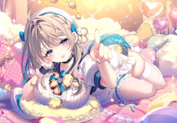 1girl ahoge balloon beret black_choker blue_eyes bow braid braided_hair_rings breasts choker closed_mouth commentary_request frilled_thigh_strap hair_bow hair_rings hat heart_balloon heterochromia honami_azusa index_finger_raised indoors large_breasts long_hair looking_at_viewer mole mole_under_eye pointing pointing_at_viewer purple_eyes riichu shirt short_sleeves smile solo specialite_(company) thigh_strap thighhighs tongue tongue_out virtual_youtuber white_bow white_hat white_thighhighs