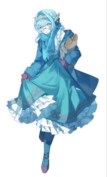 1girl alternate_costume aqua_jacket blue_eyes blue_hair blue_scarf bread brown_gloves food frilled_skirt frills full_body genshin_impact glasses gloves green_skirt highres ineffa_(genshin_impact) jacket long_skirt long_sleeves naengbi1008 parted_lips robot_ears scarf shirt sidelocks simple_background skirt solo standing white_background white_shirt