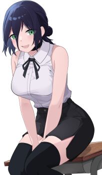 1girl :d absurdres black_choker black_hair black_ribbon black_shorts black_thighhighs chainsaw_man choker collared_shirt green_eyes hair_between_eyes hair_bun highres kanadeho neck_ribbon on_table open_mouth reze_(chainsaw_man) ribbon shirt shirt_tucked_in shorts simple_background sitting sitting_on_table smile solo table thighhighs white_background white_shirt