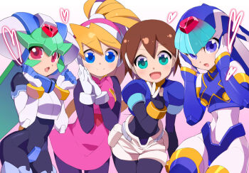 4girls aile_(mega_man_zx) armor black_bodysuit blonde_hair blue_armor bodysuit breasts brown_hair ciel_(mega_man) green_hair kaidou_zx fairy_leviathan_(mega_man) looking_at_viewer mega_man_(series) mega_man_x_(series) mega_man_x_dive mega_man_zero_(series) mega_man_zx multiple_girls pandora_(mega_man) pink_skirt ponytail skirt small_breasts vest white_armor