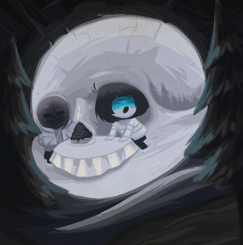 2others androgynous angusburgers blue_skin bone colored_skin fine_art_parody food forest frisk_(undertale) glowing glowing_eye highres illusion l'amour_de_pierrot multiple_others nature night optical_illusion parody pasta sans_(undertale) skeleton spaghetti striped_clothes striped_sweater sweater table tree undertale utdr_(toby_fox)