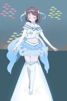 1girl brown_hair closed_eyes fish grey_hair koi_ni_naritai_aquarium looking_down love_live! love_live!_sunshine!! skirt smile solo thighhighs thighs tiara watanabe_you