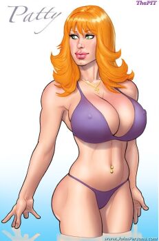 1girl artist_name bikini breasts character_name choppy_bangs collarbone covered_erect_nipples cross cross_necklace flipped_hair green_eyes jewelry large_breasts looking_to_the_side medium_hair navel navel_piercing necklace orange_hair piercing pink_lips red_hair seductive_gaze seductive_smile simple_background smile standing swimsuit tagme toned