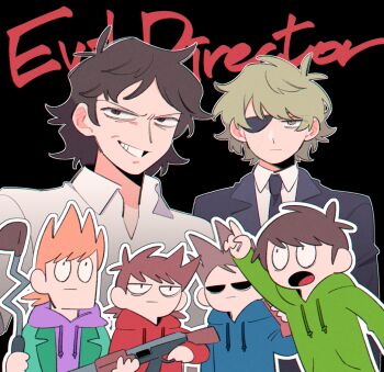 Rule 34 | 6+boys, :d, :|, antenna hair, bags under eyes, black background, black eyes, black jacket, blonde hair, blue hoodie, brown hair, character name, christopher bingbong (eddsworld), chromatic aberration, closed mouth, collared shirt, commentary request, drawstring, edd (eddsworld), eddsworld, eyepatch, fewer digits, green hoodie, green jacket, grin, gun, holding, holding gun, holding weapon, hollow eyes, hood, hood down, hoodie, jacket, jacket over hoodie, lapels, larry (eddsworld), long sleeves, looking at another, looking at viewer, male focus, matt (eddsworld), mjsc 10, multiple boys, notched lapels, one eye covered, open clothes, open jacket, open mouth, orange hair, outline, pointing, pointing at another, purple hoodie, red hoodie, shirt, short hair, simple background, smile, swept bangs, tom (eddsworld), tongue, tord (eddsworld), upper body, upturned eyes, v-shaped eyebrows, very short hair, weapon, white outline, white shirt, yellow eyes