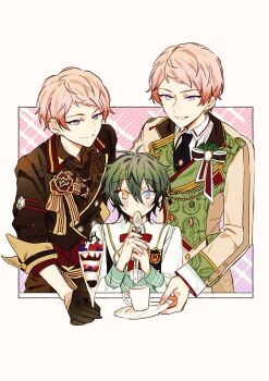 2boys amanemio2 autumn_cafeteria_(ensemble_stars!) black_gloves blue_eyes blush buttons clenched_teeth closed_mouth collared_shirt commentary covered_mouth cup dessert ear_piercing earrings ensemble_stars! fingernails flower food gloves grey_hair hair_between_eyes hands_up heterochromia holding holding_plate holding_spoon itsuki_shu jewelry kagehira_mika lapels long_sleeves male_focus multiple_boys notched_lapels official_alternate_costume parted_lips piercing plate pretty_mission_(ensemble_stars!) rose shirt short_bangs short_hair smile spoon symbol-only_commentary teeth valkyrie_(ensemble_stars!) yellow_eyes