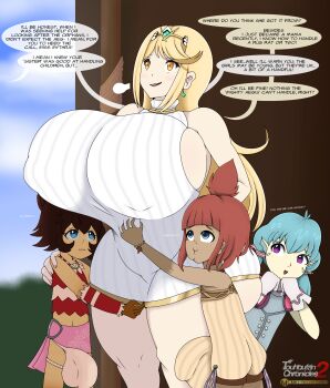 1girl 3futa :o age_difference blonde_hair blue_eyes blue_hair breasts brown_eyes brown_hair bulge english_text futa_with_female futanari green_eyes huge_breasts huge_penis huge_testicles imminent_gangbang imminent_penetration loli long_hair monster_girl multiple_futa mythra_(xenoblade) open_mouth penis ponytail purple_eyes size_difference speech_bubble testicles touhoufan twintails xenoblade_chronicles_(series) xenoblade_chronicles_2