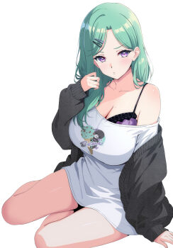 1girl breasts camisole cardigan cleavage eqbal_lynx frown green_hair grey_cardigan hair_ornament hairclip highres lace-trimmed_camisole lace_trim large_breasts long_hair long_shirt looking_at_viewer loungewear mole mole_on_breast off_shoulder parted_bangs print_shirt purple_camisole purple_eyes shirt simple_background single_bare_shoulder sitting solo virtual_youtuber vspo! white_background white_shirt yakumo_beni yakumo_beni_(5th_costume) yokozuwari