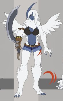 1girl absol artist_request arty_edit bikini breasts female_focus furry furry_female gen_3_pokemon gloves highres horn large_breasts mega_absol mega_evolution mega_pokemon nintendo pokemon pokemon_(creature) red_eyes shorts single_glove solo source_request swimsuit weapon white_fur wings