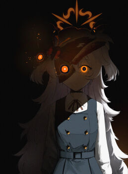1girl arms_at_sides black_background black_dress blue_archive breasts bright_pupils bug buttons collared_shirt commentary daresuki_05 dark dated_commentary diagonal-striped_ribbon double-breasted dress expressionless film_grain glowing glowing_eyes glowing_halo gradient_background grey_hair hair_ornament hair_over_one_eye halo heavy_film_grain highres insect kanoe_(blue_archive) long_bangs long_hair long_sleeves looking_at_viewer messy_hair moth orange_background orange_eyes orange_halo parted_bangs pinafore_dress puffy_long_sleeves puffy_sleeves scar scar_on_neck shade shirt short_twintails sidelighting sidelocks sleeveless sleeveless_dress small_breasts solo sphere_hair_ornament standing staring twintails upper_body very_long_hair white_shirt