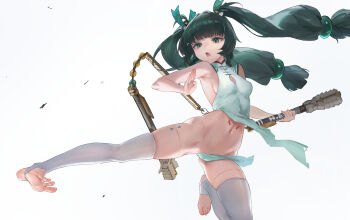 1girl absurdres android barefoot breasts censored china_dress chinese_clothes convenient_censoring dress far_side feet green_eyes green_hair hair_ornament highres joints kicking long_hair navel no_panties open_mouth qingyi_(zenless_zone_zero) robot_joints small_breasts soles solo sphere_hair_ornament staff stirrup_legwear thighhighs three-section_staff toeless_legwear toes twintails very_long_hair white_background white_thighhighs zenless_zone_zero