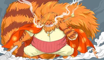 1boy animal_ears cape cat cat_ears cat_tail colored_skin fangs fat fat_man furry highres long_hair male_focus mink multicolored_fur multicolored_skin nekomamushi one_piece red_eyes scar smile smoke smoking smoking_pipe solo tail very_long_hair weapon