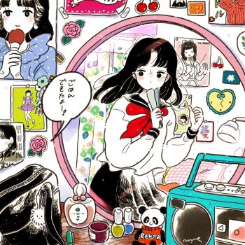 bag bag_charm bed bedroom black_hair black_skirt blue_dress blush boombox bottle charm_(object) cherry clock closed_mouth commentary curtained_hair curtains dress emamemamo33 floral_print flower food fruit gloves hashtag-only_commentary highres imitating indoors lamp looking_at_mirror microphone mirror nail_polish neckerchief newspaper original parted_bangs perfume_bottle pillow pink_flower pink_rose polka_dot pose_imitation postcard poster_(object) purple_dress red_neckerchief rose school_bag school_uniform serafuku shouwa skirt solo stuffed_animal stuffed_panda stuffed_toy translated wall_clock white_dress white_gloves white_serafuku