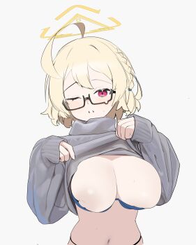 1girl absurdres ahoge black-framed_eyewear blonde_hair blue_archive blue_bra blush bra bra_pull braid breasts clothes_lift clothes_pull cok_ia commentary_request glasses grey_background grey_sweater halo highres kotori_(blue_archive) large_breasts lifting_own_clothes looking_at_viewer nipples one_eye_closed pink_eyes short_hair simple_background single_braid sweater sweater_lift triangle_halo underwear yellow_halo