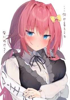 1girl :/ absurdres arm_under_breasts black_dress black_ribbon blue_eyes blush bow breasts button_gap cat_hair_ornament closed_mouth collared_shirt commentary_request covered_erect_nipples dress eyelashes eyes_visible_through_hair frilled_dress frills frown hair_between_eyes hair_bow hair_intakes hair_ornament hamidashi_creative highres koiirohanab large_breasts long_hair long_sleeves looking_at_viewer low_twintails neck_ribbon pink_hair ribbon shirt sidelocks simple_background sleeveless sleeveless_dress solo tokiwa_kano translation_request tsurime twintails upper_body very_long_hair white_background white_shirt yellow_bow