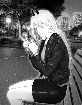 1girl absurdres bench chainsaw_man demon_girl demon_horns eating food food_on_face greyscale hair_between_eyes highres holding holding_food horns jacket kurohana14 long_hair looking_at_viewer monochrome on_bench outdoors park park_bench power_(chainsaw_man) skirt solo tree