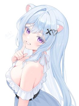 1girl absurdres animal_ears bare_shoulders belt bibixart breasts choker cleavage colored_eyelashes commentary dress english_commentary finger_to_mouth frilled_dress frills from_side grin hair_ornament heart heart_hair_ornament highres indie_virtual_youtuber long_hair looking_at_viewer looking_to_the_side medium_breasts mitsuvu off-shoulder_dress off_shoulder purple_eyes ribbon_choker shushing sidelocks simple_background smile solo upper_body v-shaped_eyebrows virtual_youtuber white_background white_choker white_dress white_eyelashes white_hair x_hair_ornament