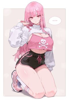 ... 1girl absurdres alternate_costume black_shorts bluefield blunt_bangs breasts cleavage commentary crop_top crop_top_overhang dolphin_shorts full_body high-waist_shorts highres hololive hololive_english kneehighs large_breasts long_hair long_sleeves looking_at_viewer mori_calliope pink_eyes pink_hair pink_shoes pink_tank_top print_tank_top puffy_long_sleeves puffy_sleeves shoes short_shorts shorts shrug_(clothing) sidelocks skull_and_crossbones sneakers socks solo speech_bubble straight_hair sweat tank_top thighs virtual_youtuber white_shrug white_socks