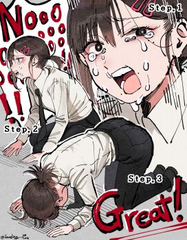 1girl 4ding all_fours black_eyes black_necktie black_pants brown_hair chainsaw_man collared_shirt crying crying_with_eyes_open dogeza hair_ornament hairclip higashiyama_kobeni highres long_sleeves mole mole_on_cheek mole_under_eye mole_under_mouth multiple_moles necktie open_mouth pants pants_tucked_in ponytail shirt short_hair short_ponytail tears white_shirt