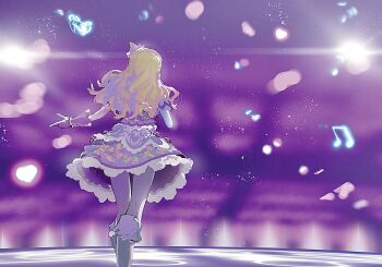 1girl aikatsu! aikatsu!_(series) blonde_hair blurry blurry_background bokeh concert depth_of_field facing_away feet_out_of_frame frilled_skirt frills from_behind gloves highres hoshimiya_ichigo idol idol_clothes long_hair musical_note purple_background purple_skirt skirt solo stage stage_lights standing suiso_(owp)