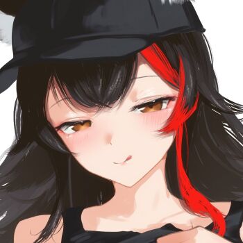 1girl alternate_costume baseball_cap black_hair black_hat black_tank_top blush close-up closed_mouth cohi27151463 commentary double-parted_bangs half-closed_eyes hat hololive jitome licking_lips lifting_own_clothes long_hair looking_at_viewer multicolored_hair ookami_mio orange_eyes out-of-frame_censoring paid_reward_available red_hair simple_background smile solo streaked_hair tank_top tongue tongue_out two-tone_hair virtual_youtuber white_background