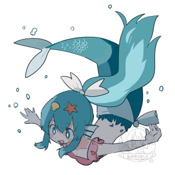 1girl blue_eyes blue_hair blush bubble commentary_request fins hair_ornament head_fins high_ponytail highres mermaid monster_girl naka_(buttergirl_02) open_mouth original outstretched_arms ponytail ribbon sarong scales sidelocks signature simple_background starfish_hair_ornament white_ribbon white_sarong