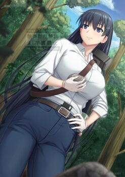 1girl arato_nagi belt black_hair blue_pants blue_sky closed_mouth cloud collared_shirt commentary_request day denim ear_piercing earrings forest gloves hair_between_eyes hammer hand_on_own_hip jeans jewelry long_hair miyai_sen nature outdoors pants piercing purple_eyes rock ruri_no_houseki shirt sidelocks sky smile solo standing stud_earrings watermark white_gloves white_shirt