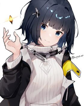 1girl arknights arknights:_endfield black_hair black_jacket blue_eyes closed_mouth commentary_request endministrator_(arknights) female_endministrator_(arknights) hair_ornament hand_up highres jacket light_smile long_sleeves looking_at_viewer open_clothes open_jacket partial_commentary ribbed_sweater short_hair solo sweater turtleneck turtleneck_sweater twitter_username u_yuz_xx upper_body white_sweater