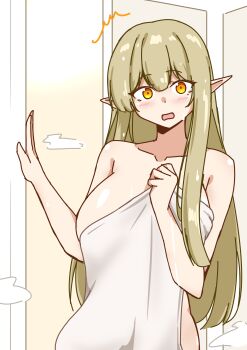 1girl ^^^ absurdres after_bathing arknights blonde_hair blush breasts collarbone commentary_request cowboy_shot elf embarrassed highres large_breasts long_hair looking_at_viewer mole mole_under_eye muelsyse_(arknights) naked_towel open_mouth pointy_ears solo standing towel xibu_cai yellow_eyes