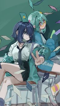 2girls absurdres aqua_jacket aqua_shorts black_necktie black_skirt blue_eyes blue_hair board_eraser collared_shirt crossed_legs glasses green_hair green_jacket green_mask highres holding_lightstick jacket kira_(zutomayo) kira_killer_(zutomayo) letter looking_at_viewer mask mouth_mask multiple_girls necktie nira-chan nira-chan_(kira_killer)_(zutomayo) red_eyes school_uniform shirt shoes shorts sitting skirt smile two_side_up ume_(plumblossom) uwabaki v white_shirt white_shoes yellow-framed_eyewear zutto_mayonaka_de_ii_no_ni