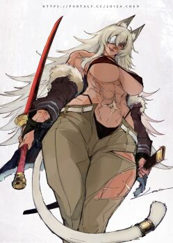 1girl abs animal_ears artist_name assertive_female bikini breasts covered_erect_nipples cross_scar dark-skinned_female dark_skin eyepatch ghislaine_dedoldia holding holding_weapon huge_breasts large_breasts lips loiza long_hair looking_down micro_bikini muscular muscular_male mushoku_tensei red_eyes scar scar_on_abs signature sketch smile swimsuit sword tail torn_clothes weapon white_hair