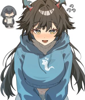 Rule 34 | 1girl, adapted costume, arknights, arknights: endfield, black eyes, black hair, blue hoodie, blush, chen qianyu (arknights), chibi, chibi inset, commentary, drawstring, endministrator (arknights), english commentary, female endministrator (arknights), flying sweatdrops, grey sweater, highres, hood, hood down, hoodie, horns, katr5878, long hair, long sleeves, looking at viewer, lower teeth only, nose blush, open mouth, smile, solo, sweater, teeth, turtleneck, turtleneck sweater, white background, yellow eyes