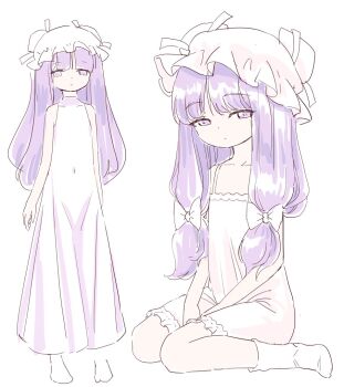 1girl :o collarbone commentary_request covered_navel expressionless full_body hat long_hair looking_at_viewer mob_cap nightgown patchouli_knowledge purple_eyes purple_hair s-a-murai sitting socks standing touhou variations wariza white_background white_socks