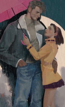 1boy 1girl age_difference black_hair blush brown_gloves cheating_(relationship) coat commentary_request danart14020 denim diamond_wa_kudakenai earrings facial_hair gloves grey_hair hairband hand_on_another&#039;s_waist height_difference hetero higashikata_tomoko highres holding holding_umbrella hoop_earrings jacket jeans jewelry jojo_no_kimyou_na_bouken joseph_joestar joseph_joestar_(old) long_sleeves looking_at_another mature_male outdoors pants rain shared_umbrella short_hair smile stardust_crusaders umbrella yellow_coat