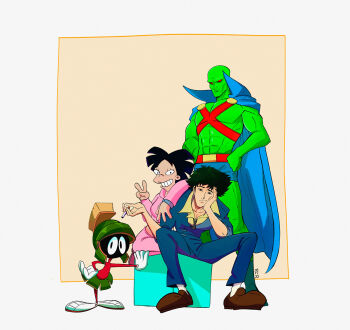 1girl 3boys amy_wong cape cigarette cowboy_bebop crossover dc_comics futurama gloves highres looney_tunes martian martian_manhunter marvin_the_martian matt_groening_(style) multiple_boys smile spike_spiegel tagme v