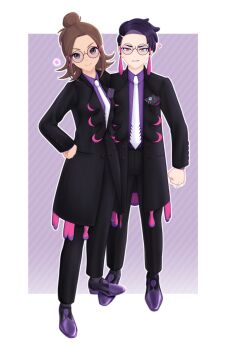 1boy 1girl absurdres ameyumei anger_vein black_coat black_hair black_pants brown_hair coat collared_shirt commentary_request corbeau_(pokemon) corbeau_(pokemon)_(cosplay) cosplay hair_bun hand_on_own_hip harmony_(pokemon) highres medium_hair necktie nintendo open_clothes open_coat pants pokemon pokemon_legends:_z-a purple_shirt purple_shoes shirt shoes short_hair single_hair_bun standing star_(symbol) white_necktie