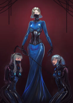 Rule 34 | 3girls, absurdres, armbinder, bdsm, black bodysuit, black corset, black gloves, blonde hair, blue dress, blue eyes, bodysuit, bondage, bound, breasts, brown eyes, brown hair, corset, dress, earrings, gag, gagged, gimp suit, gloves, grey hair, hair over one eye, highres, holding, holding riding crop, jewelry, kneeling, latex, latex bodysuit, latex dress, long hair, mask, medium breasts, medium hair, mouth mask, multiple girls, neck corset, open mouth, original, ponytail, riding crop, shiny clothes, short hair, skin tight, standing, uehame, variant set, yuri
