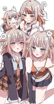 1girl bare_shoulders belt black_jacket black_skirt blazer blue_eyes blush blush_stickers braid braided_ponytail cevio chibi collared_shirt dress dual_persona elbow_gloves finger_to_mouth fingerless_gloves gloves hair_flaps half-closed_eyes highres index_finger_raised jacket long_hair looking_at_viewer multicolored_hair multiple_persona multiple_views necktie one_(cevio) open_clothes open_mouth orange_dress orange_hair orange_necktie orange_shirt orange_skirt plaid_clothes plaid_skirt pleated_skirt school_uniform shirt shushing single_elbow_glove single_fingerless_glove single_glove single_thighhigh skirt sleeveless smile sotsunaku spaghetti_strap speech_bubble strap_slip thighhighs v-shaped_eyebrows white_background white_belt white_shirt