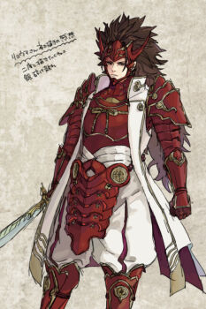 1boy 91007 armor brown_eyes brown_hair commentary_request fire_emblem fire_emblem_fates japanese_armor japanese_clothes long_hair male_focus nintendo raijinto_(fire_emblem) red_armor ryoma_(fire_emblem) solo spiked_hair sword translation_request weapon