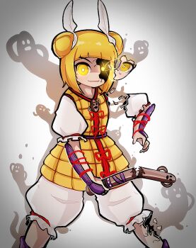 1girl armor armored_dress blonde_hair bloomers broken_arm broken_leg dagger131134_(kama_astor) double_bun dress hair_bun haniwa_(statue) joutouguu_mayumi puffy_short_sleeves puffy_sleeves rerebrace ribbon short_hair short_sleeves simple_background touhou underwear vambraces white_bloomers white_ribbon yellow_armor yellow_dress yellow_eyes