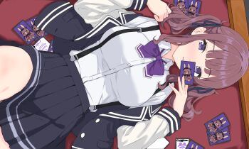 1girl absurdres black_ribbon black_skirt bow bowtie breasts brown_hair card cevio commentary_request hair_ribbon highres holding holding_card jacket large_breasts long_sleeves lying natsuki_karin on_back open_clothes open_jacket pleated_skirt purple_bow purple_bowtie purple_eyes ribbon shirt skirt solo suspenders synthesizer_v watti3600 white_jacket white_shirt