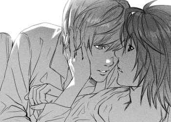 2boys collared_shirt death_note eye_contact face-to-face highres l_(death_note) looking_at_another male_focus multiple_boys on_person parted_lips shirt short_hair simple_background teeth tinh_daubuoi white_background yagami_light yaoi