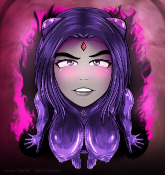 absurdres bodysuit dc_comics dc_super_hero_girls encasement female_focus fetish_studio highres latex latex_bodysuit latex_suit mecha_pilot_suit parody plugsuit_(evangelion) purple_hair raven_(dc) rubber rubber_suit teen_titans tight_clothes