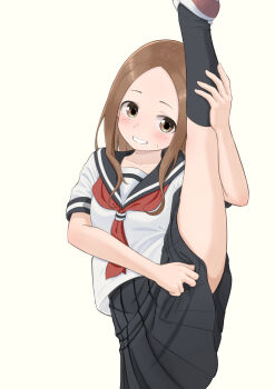 1girl black_sailor_collar black_skirt black_socks breasts brown_eyes brown_hair commentary_request forehead grin highres karakai_jouzu_no_takagi-san leg_up loli long_hair looking_at_viewer miniskirt neckerchief parted_lips pleated_skirt red_neckerchief sailor_collar school_uniform serafuku shirt shoes simple_background skirt small_breasts smile socks solo split standing standing_on_one_leg standing_split takagi-san tanakaminos teasing teeth white_background white_shirt white_shoes