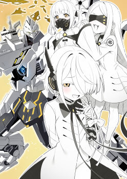 3girls :3 absurdres bandaged_hand bandages blindfold blue_archive colored_skin commentary_request dress ein_(blue_archive) extra_pupils hair_over_one_eye highres long_hair long_sleeves mask mistel_(sukebemistel) multiple_girls ohr_(blue_archive) open_mouth respirator robot short_hair smile sof_(blue_archive) symbol-shaped_pupils twintails white_dress white_hair white_skin x-shaped_pupils yellow_eyes