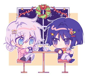 1boy 1girl alternate_costume animalization arm_rest black_pants black_shoes blue_eyes blunt_ends blush bow braid braided_bangs casual chair chibi chibi_only christmas_lights contemporary couple crossed_legs cup dating double_bun genshin_impact hair_between_eyes hair_bow hair_bun hair_intakes hair_ornament hairclip hetero highres holding holding_cup holly hood hooded_sweater indoors jacket lapels long_sleeves looking_at_another looking_at_object mug multicolored_hair oc_x_canon open_clothes open_jacket open_mouth original pants person_and_animalization pink_hair pink_hood pink_sleeves pink_sweater purple_eyes purple_hair purple_jacket purple_sleeves red_bow red_ribbon red_shirt reindeer_hair_ornament ribbon scaramouche_(cat)_(genshin_impact) scaramouche_(genshin_impact) shirt shoes sitting slippers snowflakes snowing star_(symbol) star_hair_ornament steam streaked_hair sweater table tareme undershirt white_pants white_slippers window wispy_bangs yellow_bow yunhhj