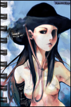 1girl archived_source armpit_crease black_eyes black_gloves black_hair black_hat breasts closed_mouth cowboy_hat d.l elbow_gloves english_text faux_traditional_media frown gloves hat looking_at_viewer medium_breasts no_nipples nose nostrils nude one_eye_covered original single_elbow_glove sketchbook solo straight_hair upper_body wire_binding