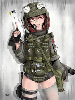 Rule 34 | 1girl, ?, absurdres, bag, black gloves, black shorts, body armor, buhanka-chan, clenched teeth, combat medic, cross, cyrillic, disgust, fingerless gloves, gloves, green vest, grey jacket, half-closed eye, hand up, helmet, highres, humanization, index finger raised, jacket, load bearing vest, long sleeves, looking at viewer, mastcom0, military combat uniform, military uniform, original, orthodox cross, pouch, radio, radio antenna, red cross, red eyes, red hair, ringed eyes, russian flag, russian ground forces, russo-ukrainian war, scissors, sheath, sheathed, shiny clothes, shiny legwear, shiny skin, short shorts, shorts, shoulder bag, soldier, solo, soviet flag, spoken question mark, surgical scissors, teeth, thigh sheath, thigh strap, thighhighs, thighs, translation request, vest, vest pouch, white thighhighs, wolfsangel, z (russian symbol)