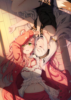 2girls ahoge animal_ear_hairband animal_ears arm_up babydoll black_hairband black_shirt breasts cable_knit cardigan cat_ear_hairband cat_ears cleavage closed_eyes commentary_request fake_animal_ears fox_ears fox_girl fox_tail frilled_babydoll green_eyes hair_ornament hairband hairclip highres hololive imo_bouya large_breasts long_hair looking_at_viewer low_twintails lying midriff multiple_girls navel no_pants official_alternate_costume official_alternate_hairstyle on_back on_floor on_side open_mouth parted_lips pentagram pink_cardigan pink_hair pink_shorts sakura_miko sakura_miko_(loungewear) shirakami_fubuki shirakami_fubuki_(loungewear) shirt shorts side-tie_shirt single_off_shoulder sleeping t-shirt tail twintails virtual_youtuber white_babydoll white_hair wooden_floor yuri