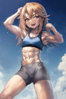 1girl abs arm_up bike_shorts blue_sports_bra breasts brown_hair cowboy_shot day hair_between_eyes hand_up idolmaster idolmaster_cinderella_girls long_hair looking_to_the_side muscular muscular_female navel open_mouth outdoors purple_eyes sideways_glance small_breasts solo sports_bra standing teeth upper_teeth_only yilx yuuki_haru